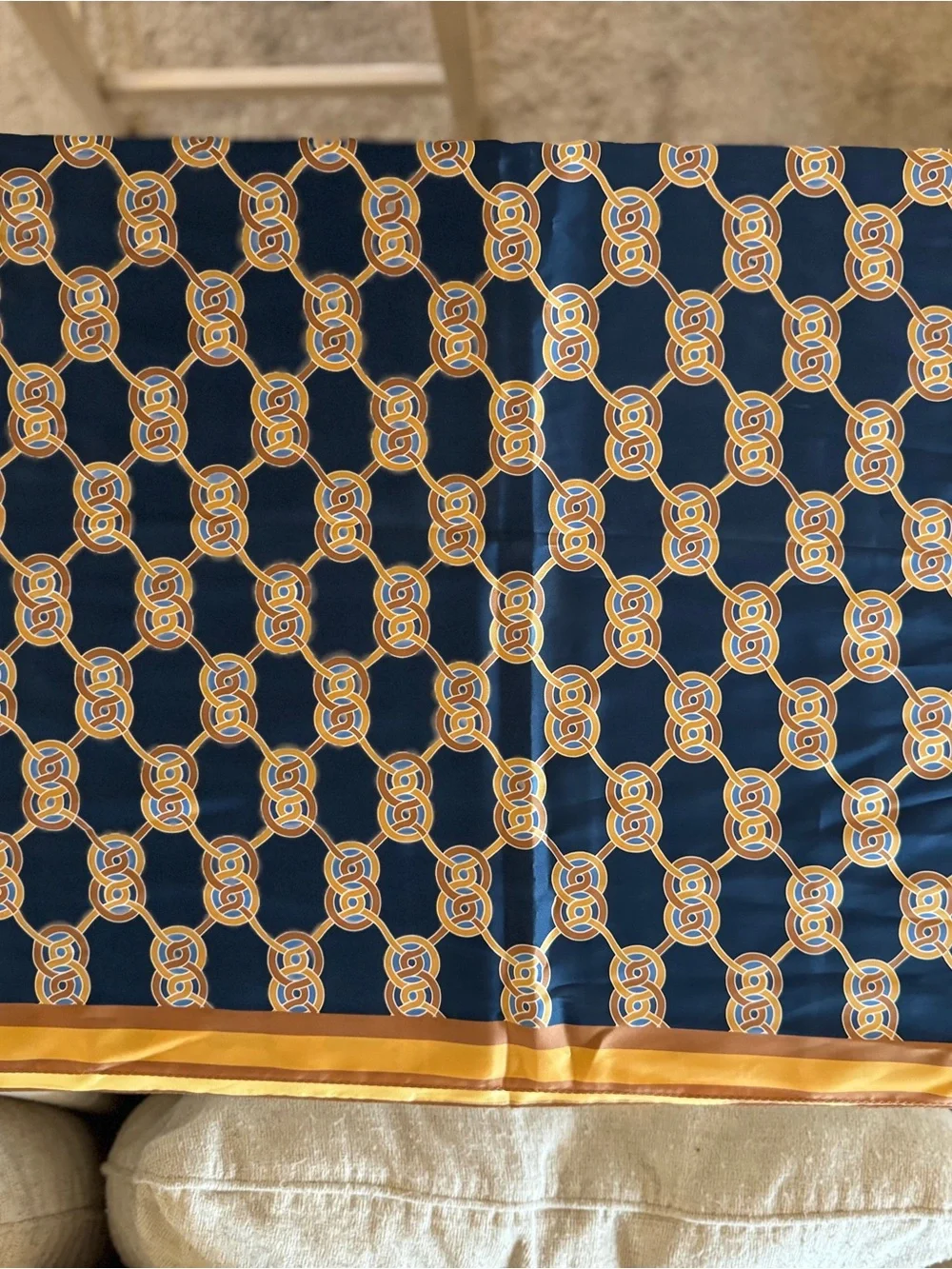 J. McLaughlin Navy and Mustard Chain Link Silk Scarf Gold Heraldic Knit